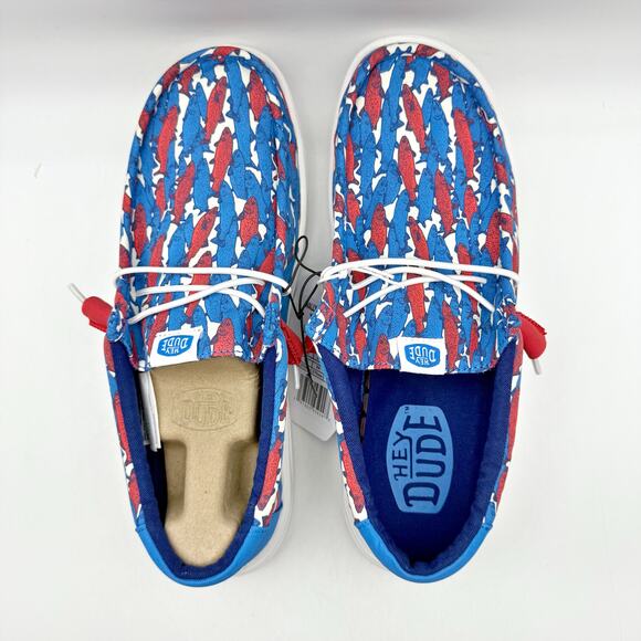 Hey Dude Mens Wally Slip-On Casual Shoe US 10 EU 43 Fish Camo Red Blue NIB - Picture 10 of 12